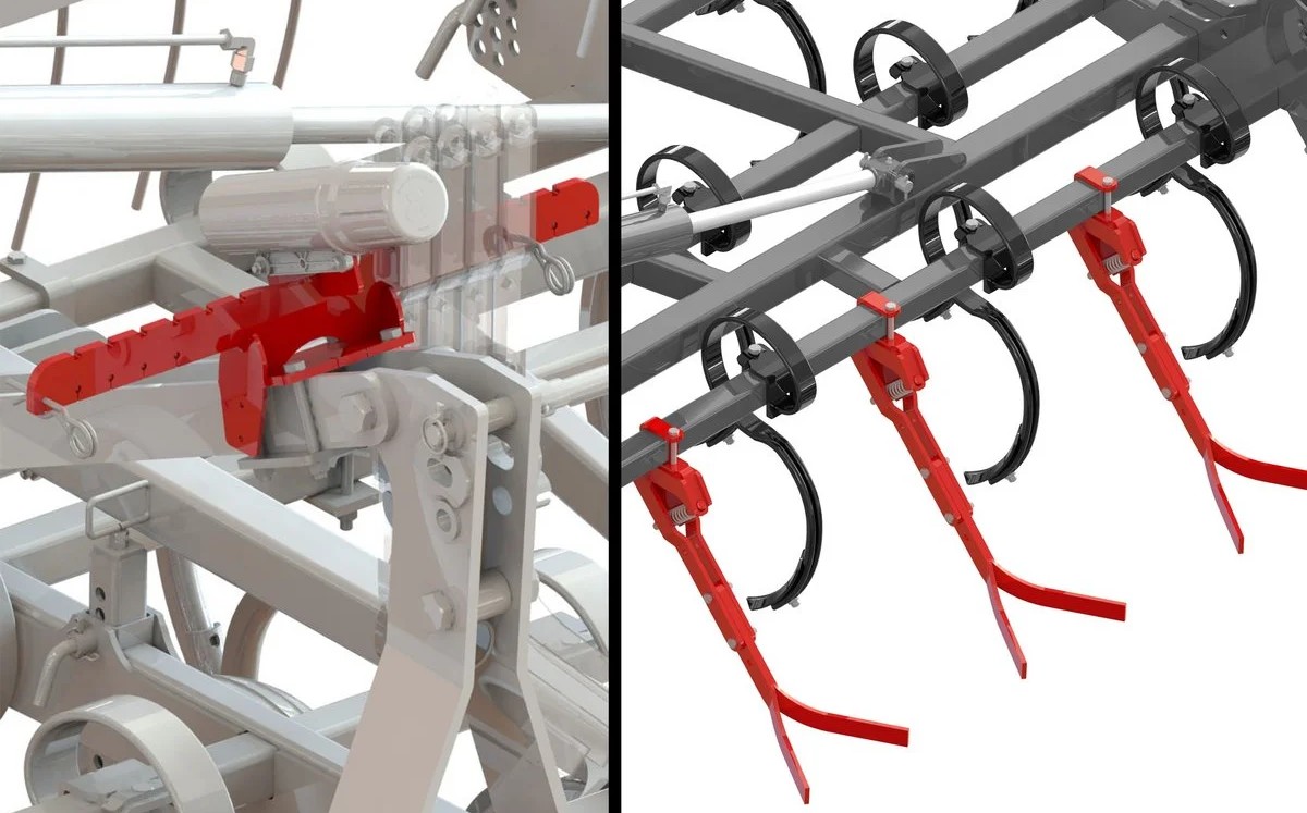 Tool-free adjustable and spring-mounted double drag tines (standard equipment)